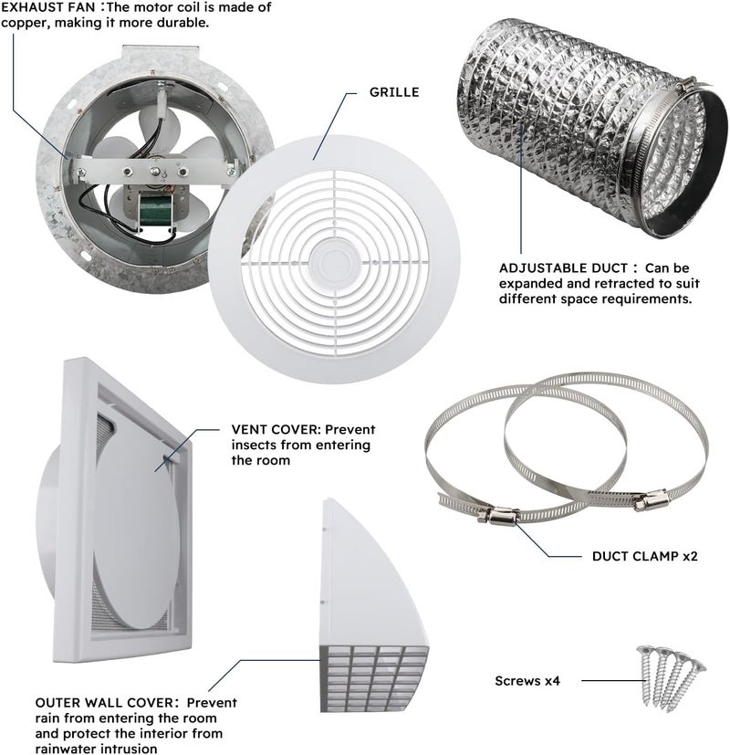 Quini 512M 6-inch Through Wall Exhaust Fan, 80 CFM 4.0 Sones, Bathroom Wall Exhaust Fan, Kitchen Ventilation Fan, 6-inch Diameter Vent, Retractable Duct - Image 4